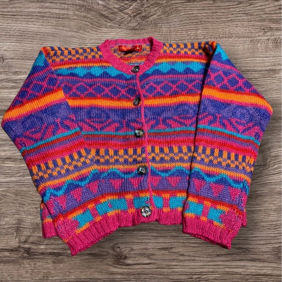 One Step Up Sweaters - Vintage One Step Up Mohair Blend Sweater S Bright Geometric 80s 90s Bold Knit